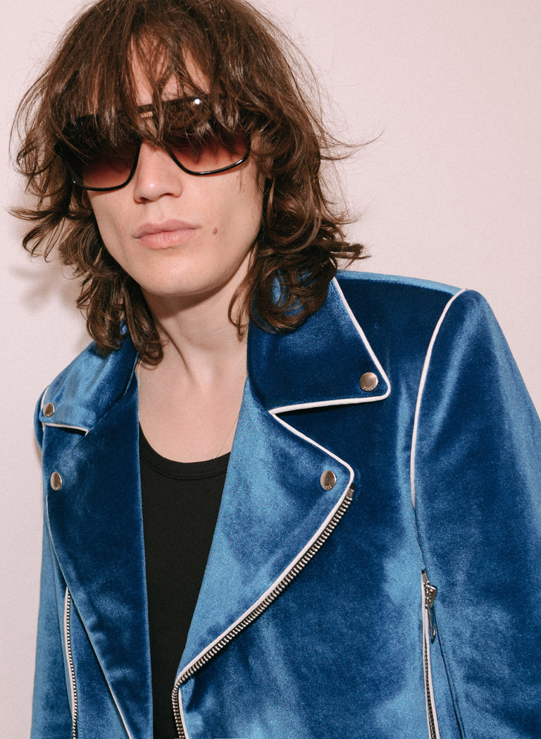 Blue Velvet Piped Biker Jacket