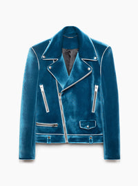Blue Velvet Piped Biker Jacket