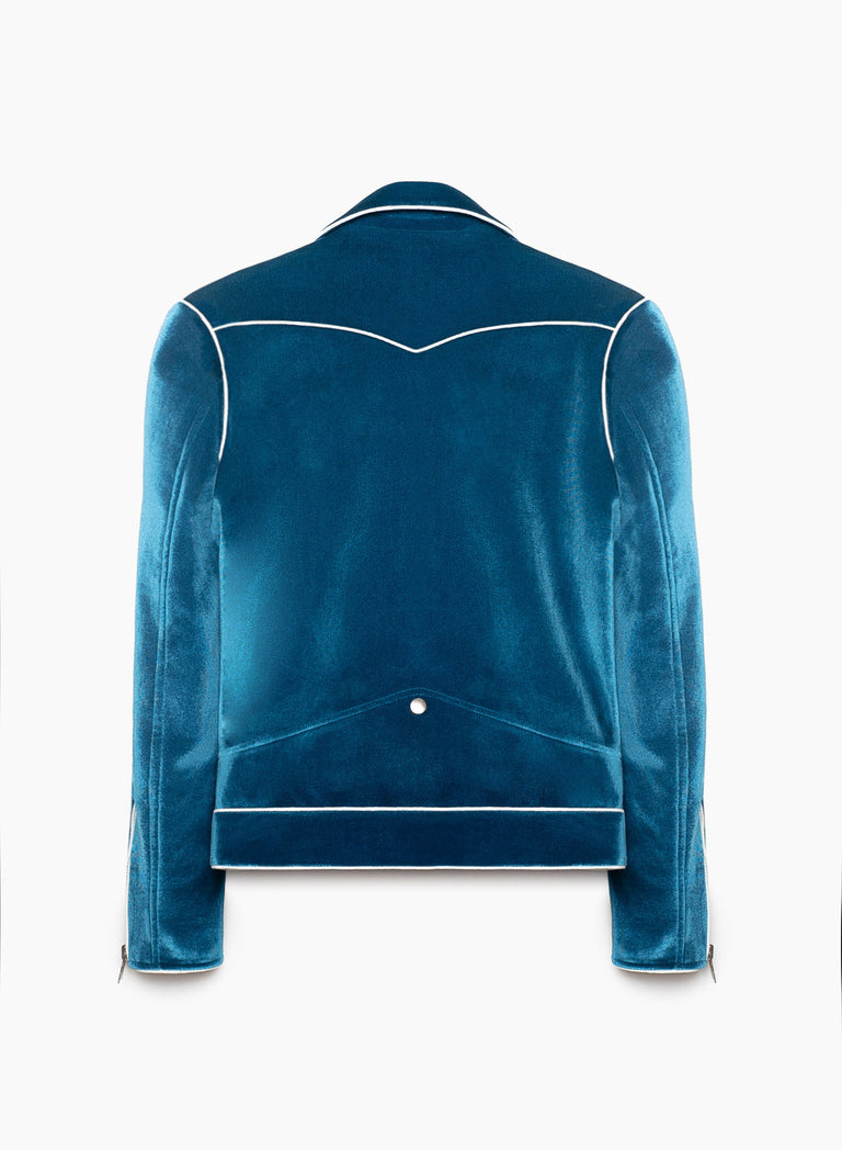Blue Velvet Piped Biker Jacket