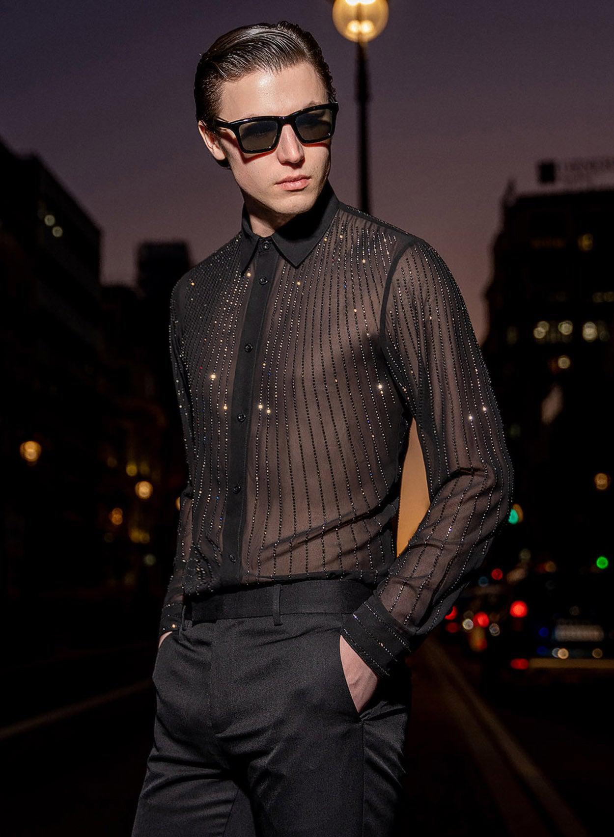 mens black sequin dress shirt Men's sequin Design Black Shirt Long Sleeve Casual Loose Hairstylist Blouse Chic