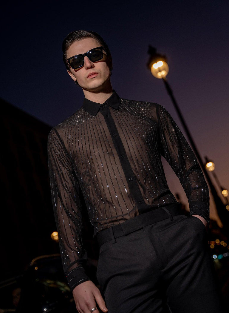 Black Chiffon Sequin Button Down Shirt