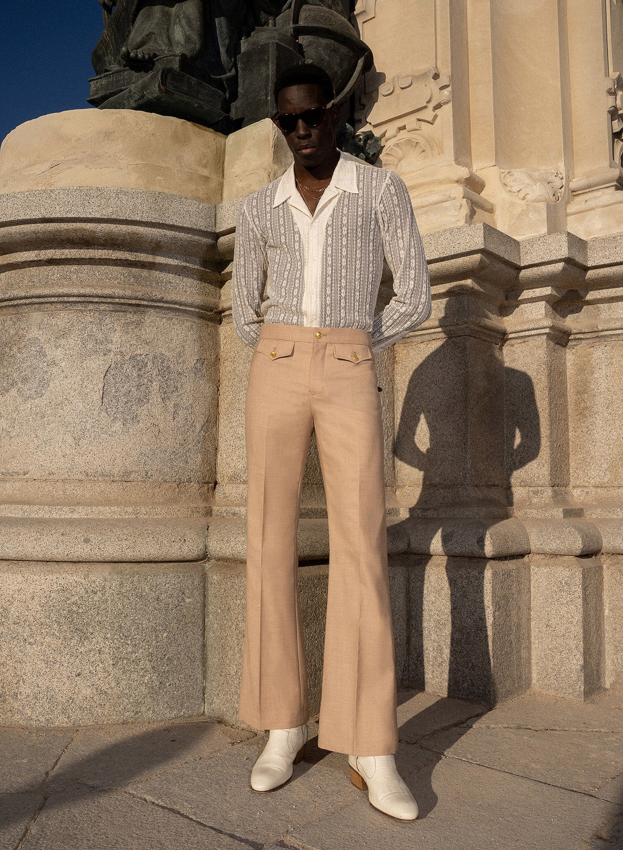 Beige Wool Gold Button Flare Trousers