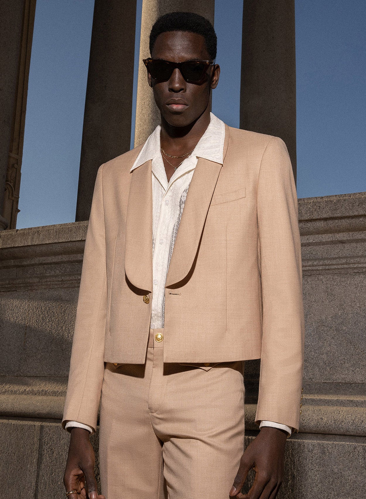 Beige blazer on sale with gold buttons