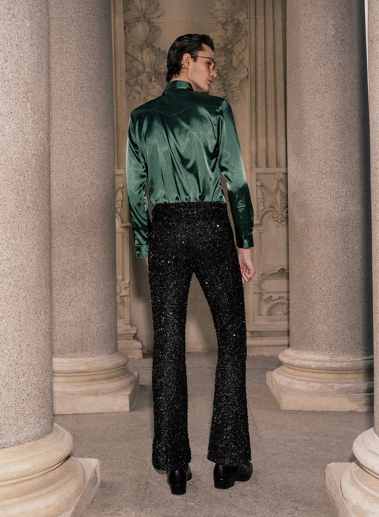 Black Sequin Bell Bottom Flared Trousers Phix