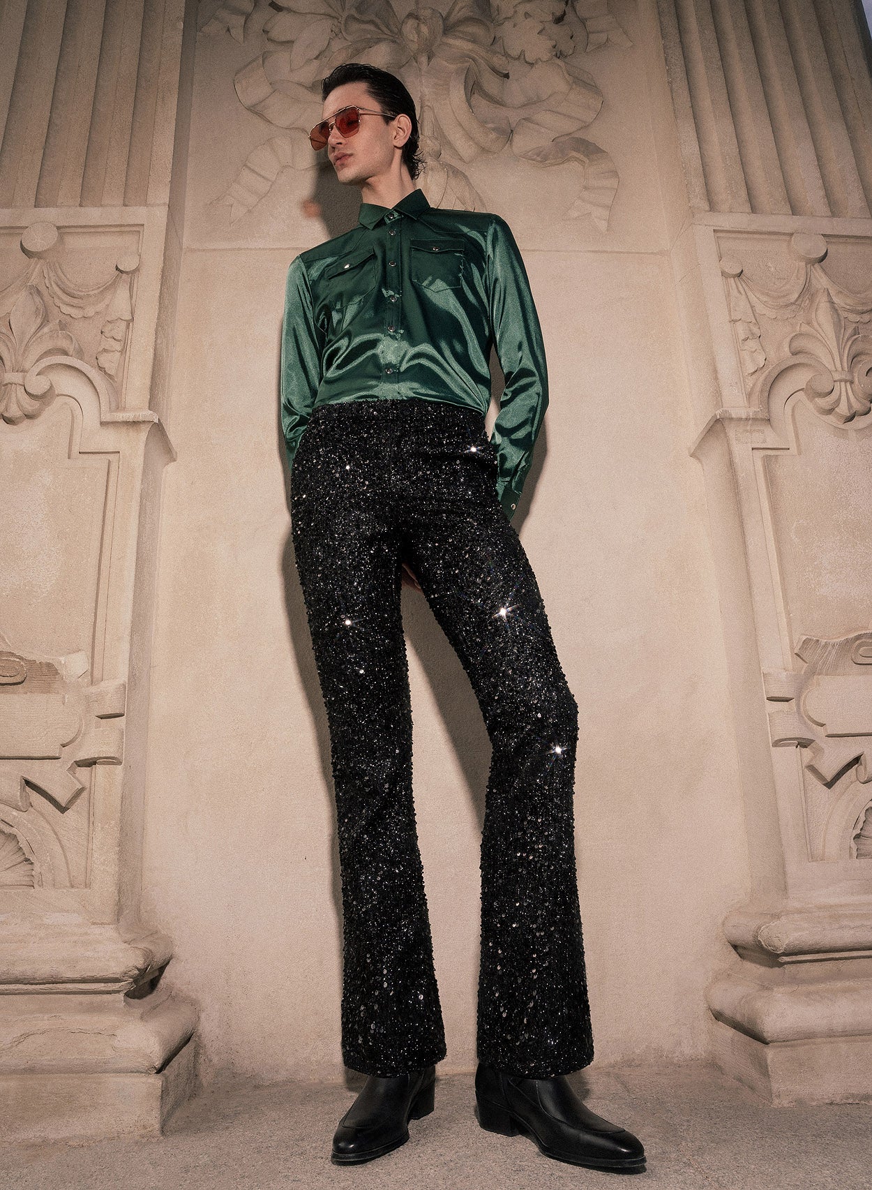 Black Sequin Bell Bottom Flared Trousers ‐ Phix