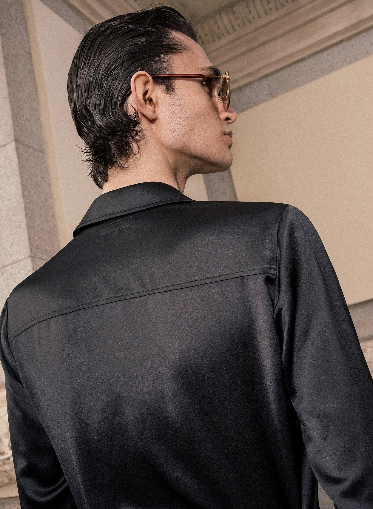 Black Double Breasted Satin Shirt Phix