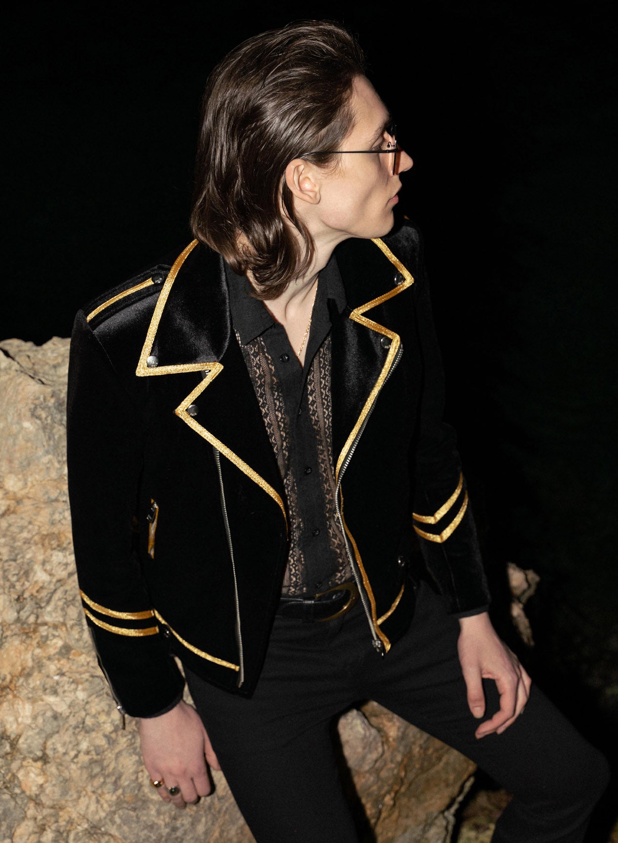 Black Velvet Military Gold Trim Biker Jacket ‐ Phix